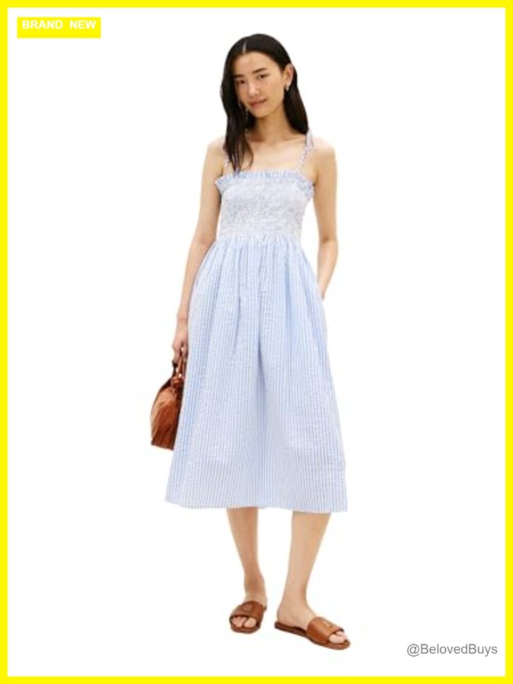 Women's 100% Cotton Sleeveless Smocked Midi Dress Seersucker Spaghetti Strap